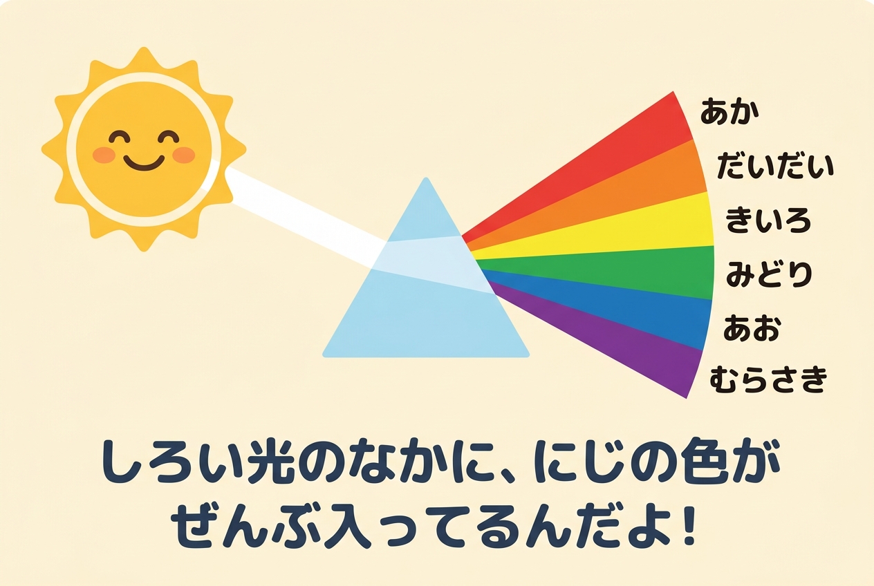 太陽の光がにじの7色に分かれる図