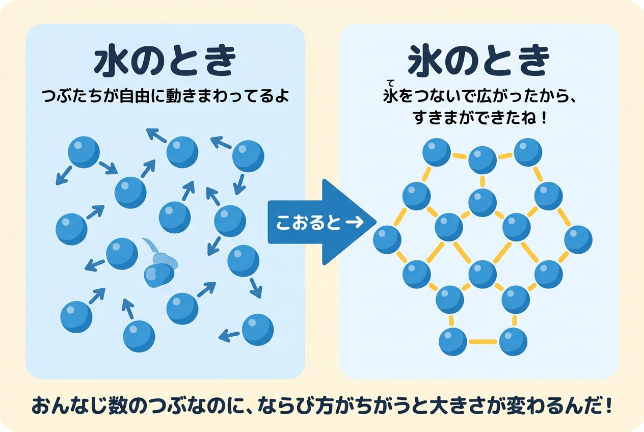 水の分子が液体のときは自由に動き、氷になると六角形に並んですきまができることを示した比較図