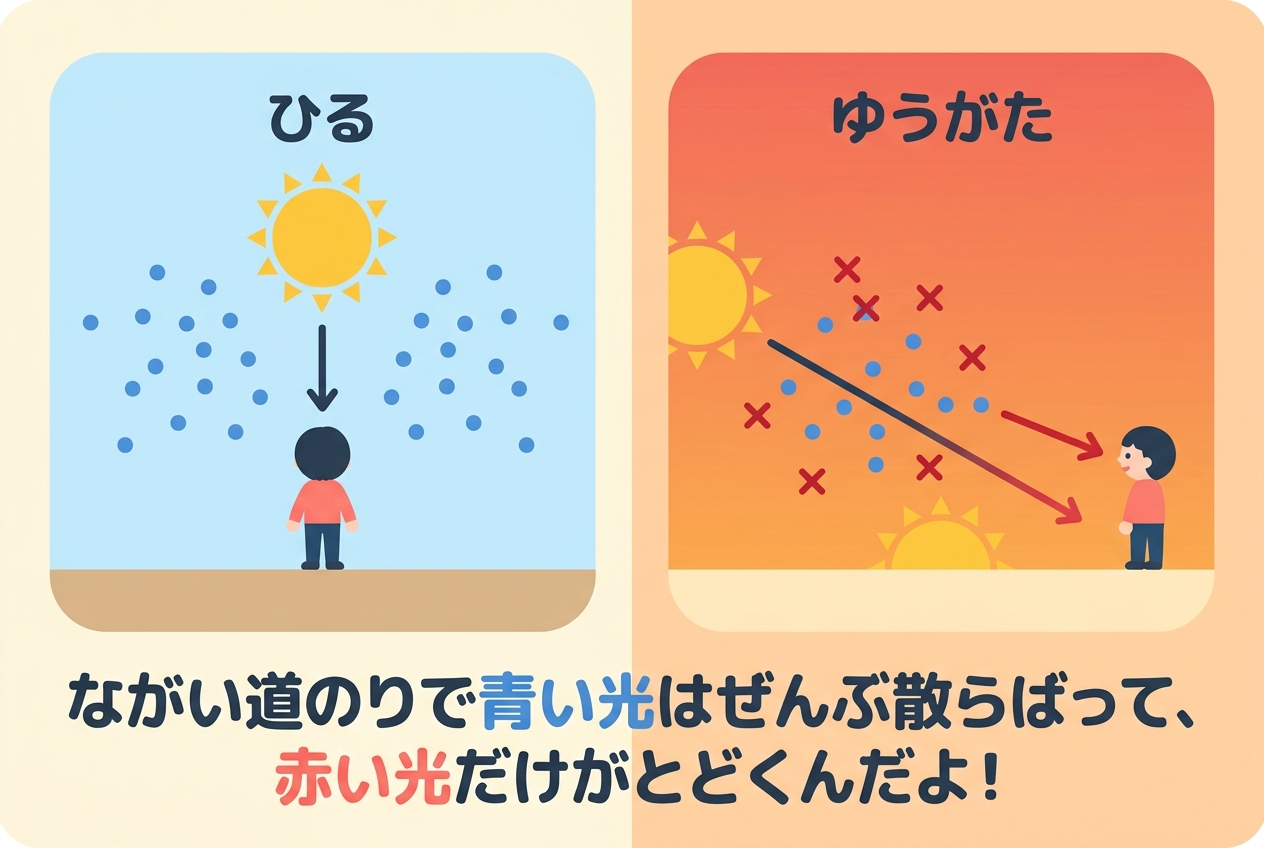 昼と夕方で届く光の色がちがう図