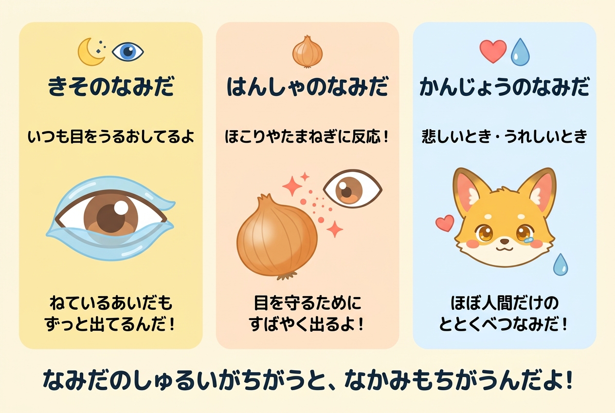 なみだには3しゅるいがあることを示した図