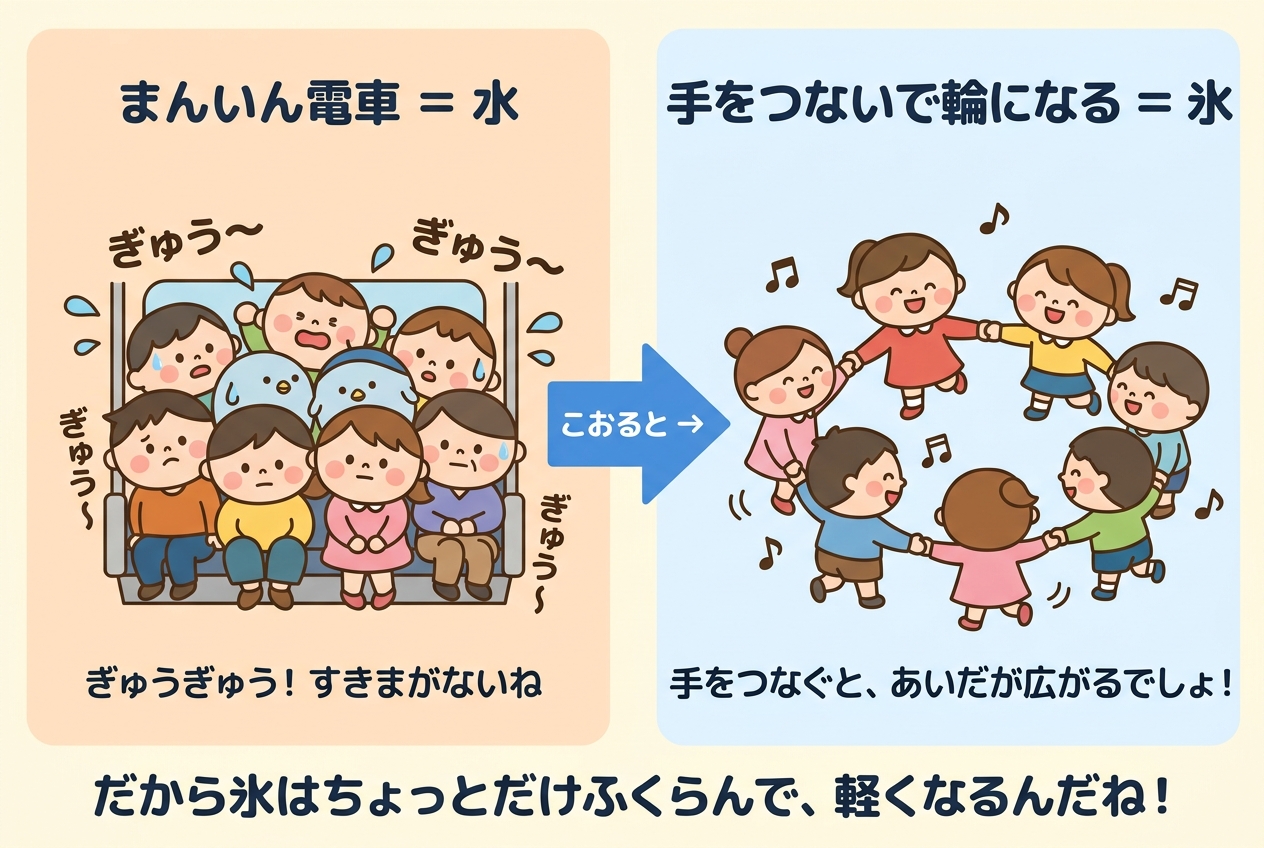 水を満員電車、氷を手をつないで輪になった人たちにたとえた比較イラスト