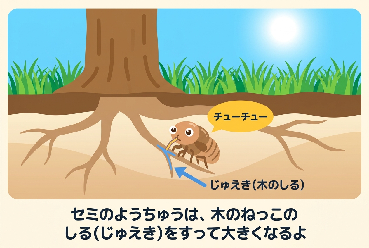 土の中のセミのようちゅうの図