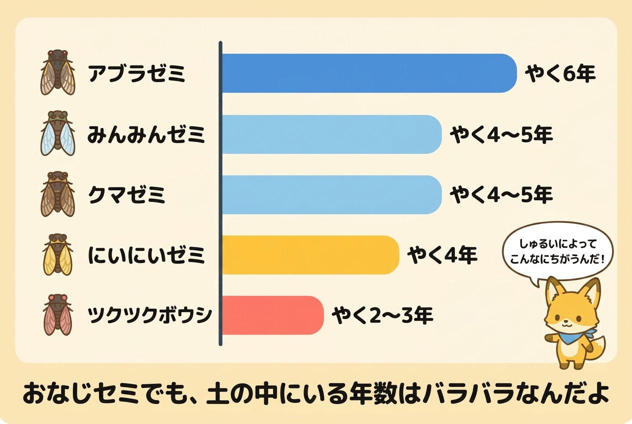 セミの種類別の土の中の年数くらべの図