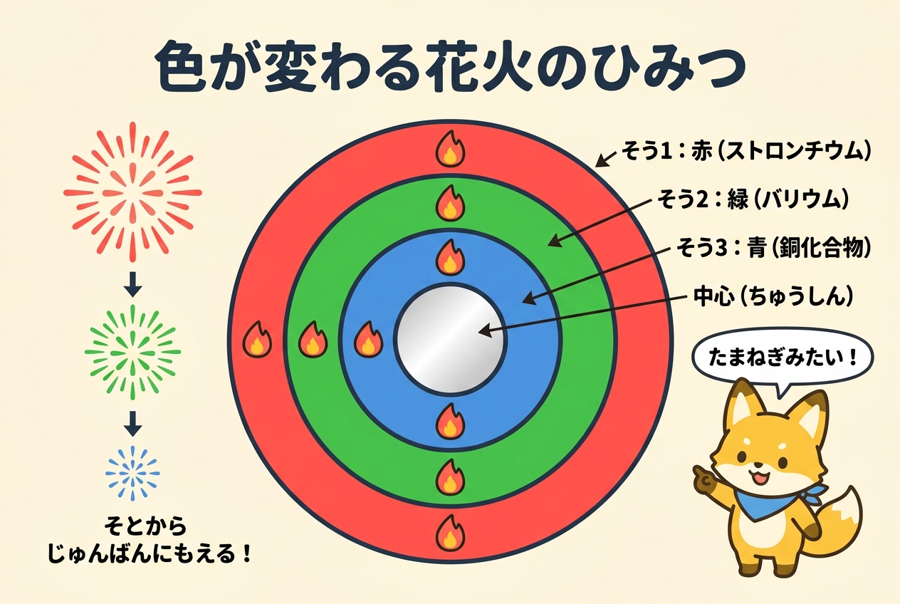 花火玉の断面図 星の層構造と色が変わるしくみ
