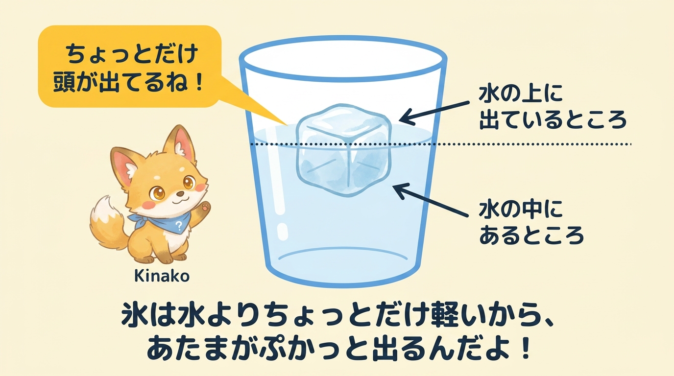 コップの水に氷を入れたとき、氷の一部が水面から出て浮いているようすのイラスト