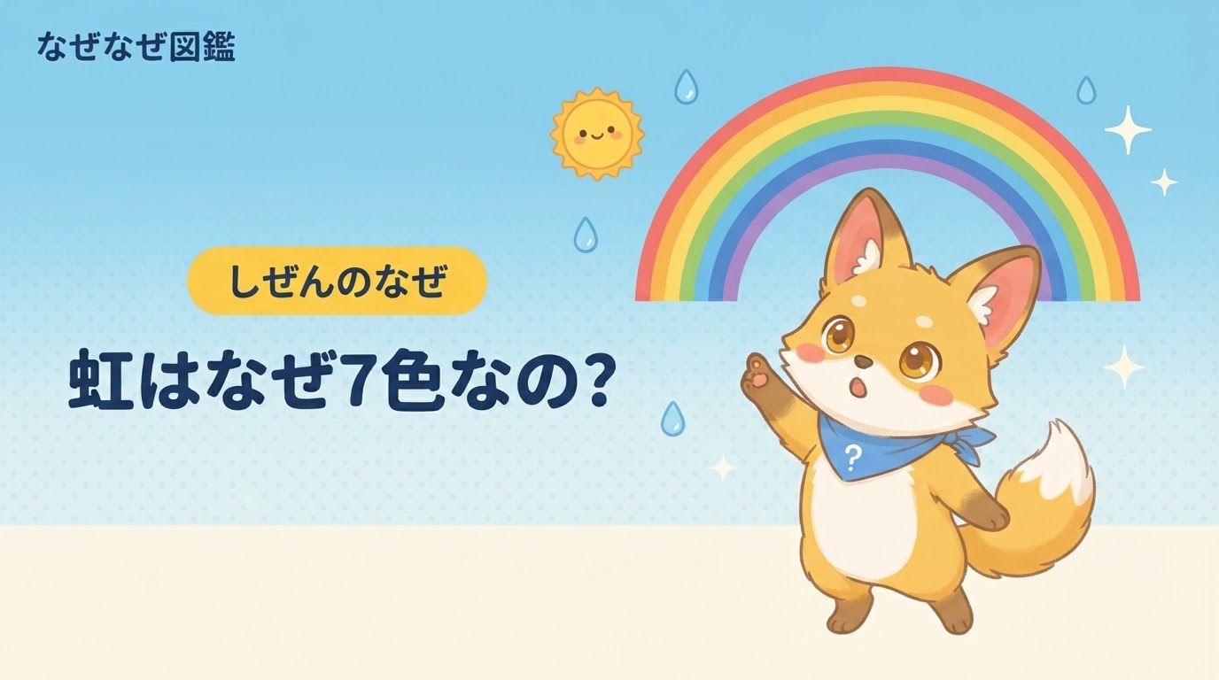 きなこが虹を指差すアイキャッチ。虹はなぜ7色なのかを図解でやさしく解説