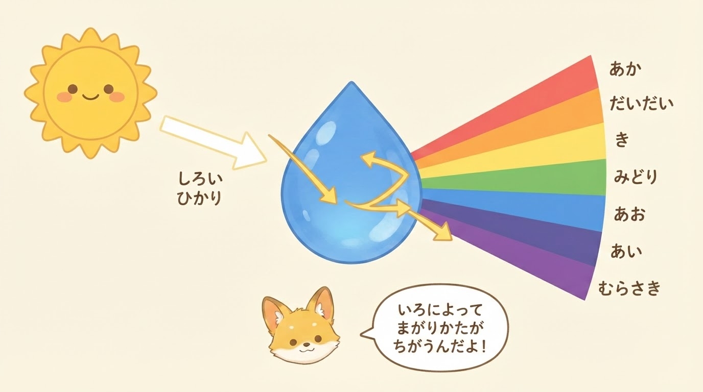 太陽の光が雨粒に入って7色に分かれる仕組み図解。あか・だいだい・き・みどり・あお・あい・むらさき