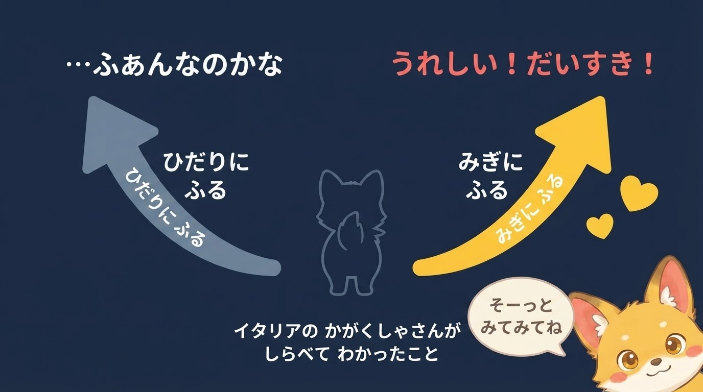 犬のしっぽを右に振るとうれしい・だいすき、左に振るとふあんを表す図解