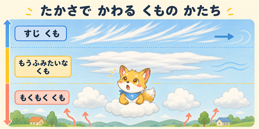 もくもく雲・すじ雲・層状の雲の高さと形のちがいの図解