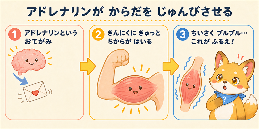 アドレナリンが筋肉に働きかけてふるえが起きる図解