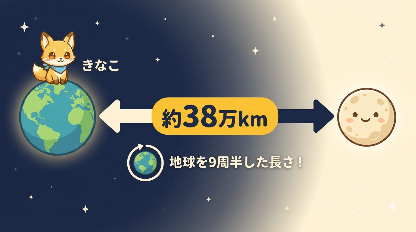地球から月まで約38万km、地球を9周半できる距離の図解