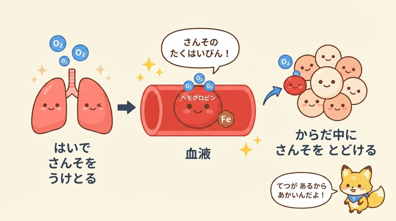 赤血球・ヘモグロビン・鉄・酸素の関係を示す図解。肺で酸素を受け取ったヘモグロビンがからだ中に酸素を届ける「酸素の宅配便」のしくみ