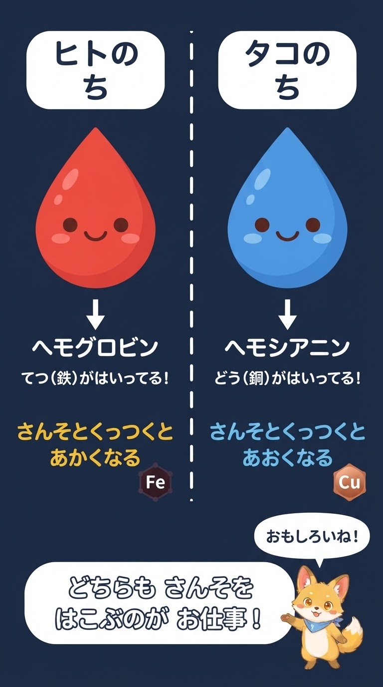 ヒトの赤い血(ヘモグロビン=鉄)とタコの青い血(ヘモシアニン=銅)の比較図解