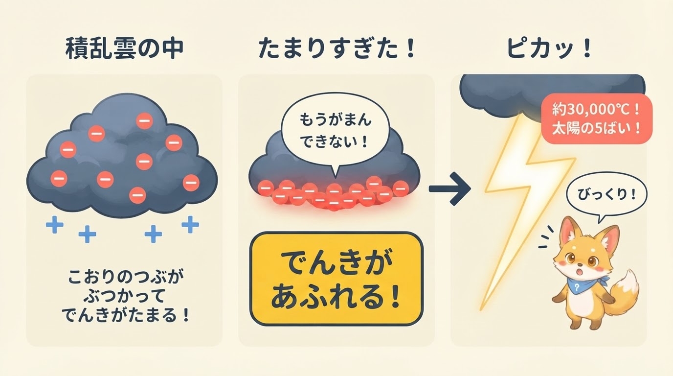 積乱雲の中で電気がたまり一気に放電して稲妻が光る仕組みの図解