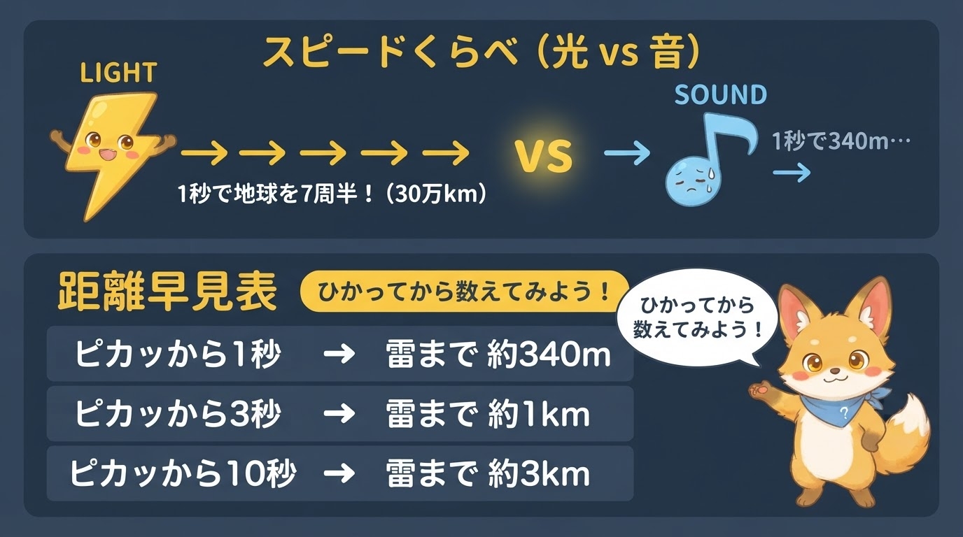 光と音のスピード比較と稲妻から雷までの距離早見表の図解