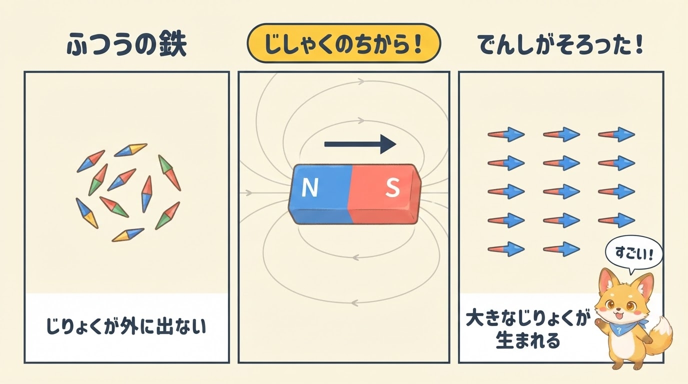 電子がバラバラな鉄に磁石を近づけると電子がそろい大きな磁力が生まれる仕組みの図解