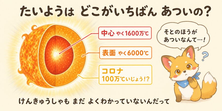 太陽の温度比較(中心・表面・コロナ)の図解