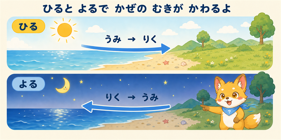 昼と夜で海風・陸風の向きが変わる図解