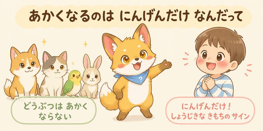 赤面が人間だけに見られる正直な気持ちのサインであることを示す図解