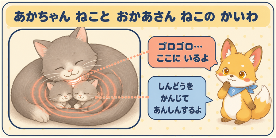 赤ちゃん猫がお母さん猫のゴロゴロ音を感じるしくみの図解