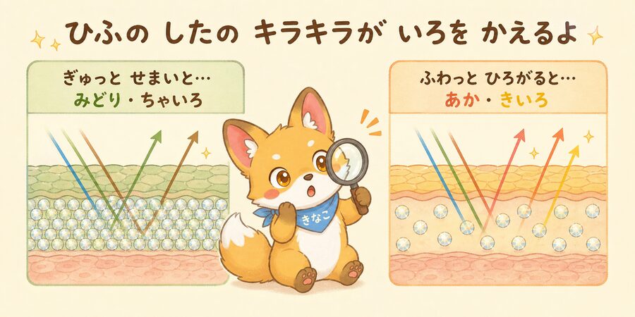 カメレオンの皮膚の結晶構造で色が変わるしくみの図解