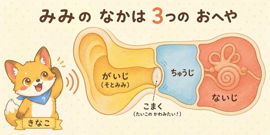 耳の3つの部屋と鼓膜が音をキャッチするしくみの図解