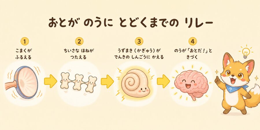 鼓膜から蝸牛を経て脳に音の信号が届くしくみの図解
