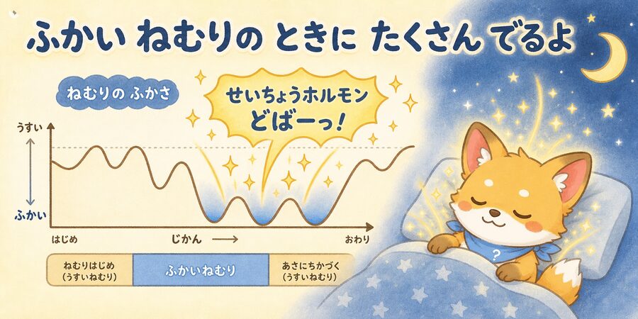 深い眠りのときに成長ホルモンが多く出るしくみの図解