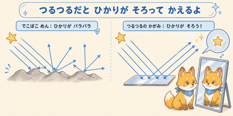 鏡の表面が滑らかで光がそろって反射するしくみの図解