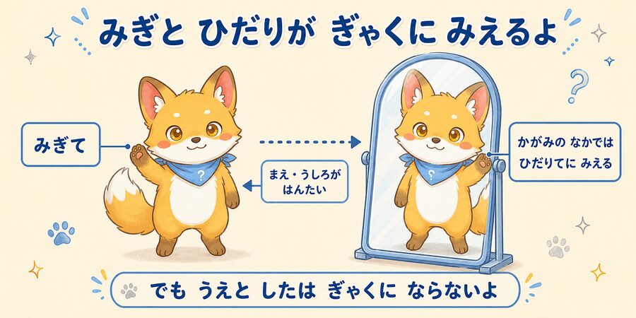 鏡の中で左右が逆に見えるが上下は逆にならない理由の図解