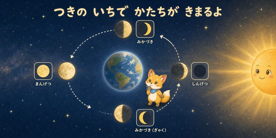 月・地球・太陽の位置関係で満ち欠けが起きるしくみの図解