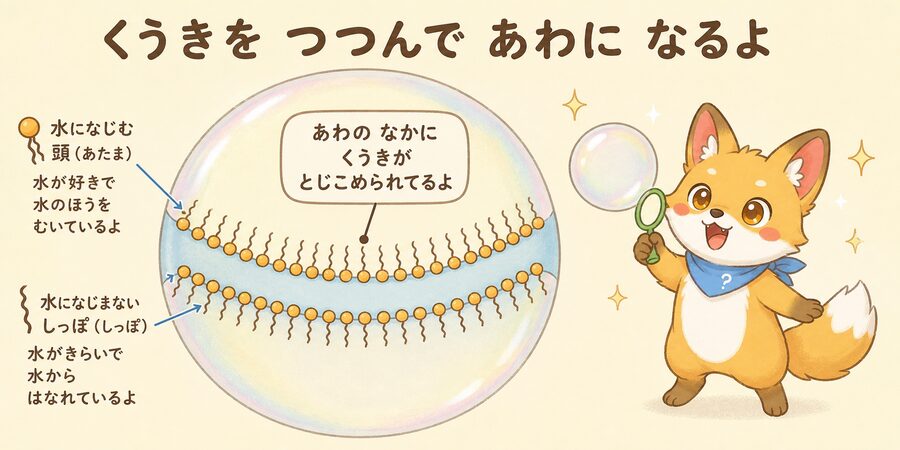 石けんの分子が空気を包み込んで泡ができるしくみの図解