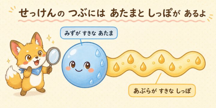 石けん分子の水好きな頭と油好きなしっぽの図解