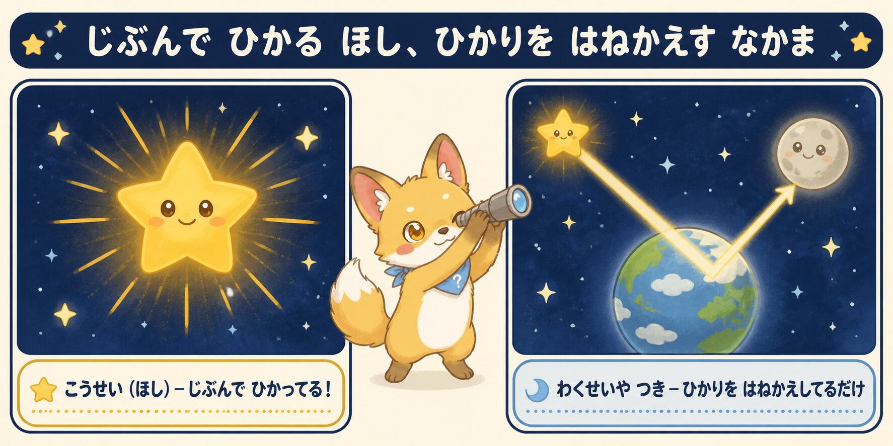 恒星と惑星・衛星の光り方のちがいの図解