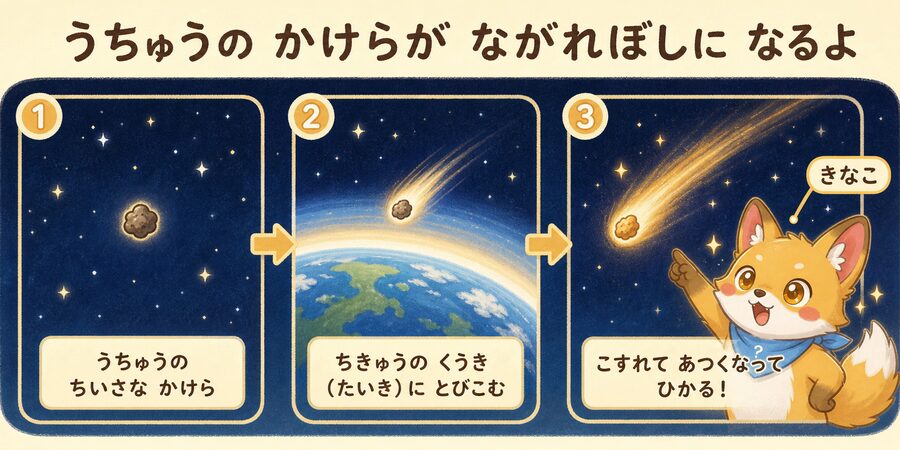 宇宙のかけらが大気で燃えて流れ星になるしくみの図解
