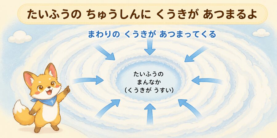 台風の中心に空気が集まるしくみの図解