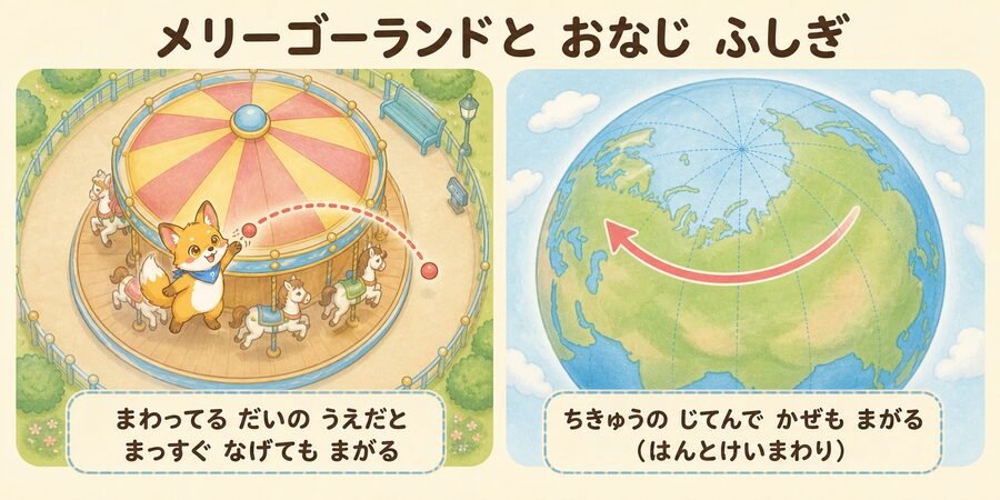 地球の自転で台風の風が曲がり反時計回りになるしくみの図解