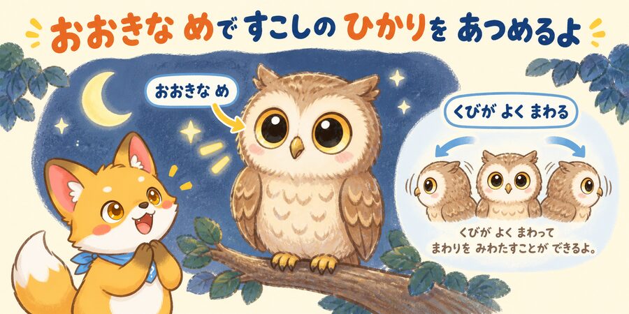 フクロウの大きな目と首の回転のしくみの図解