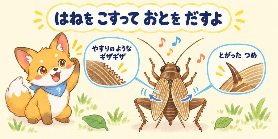 コオロギが羽をこすって音を出すしくみの図解
