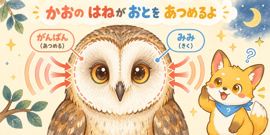 フクロウの顔盤が音を集めるしくみの図解