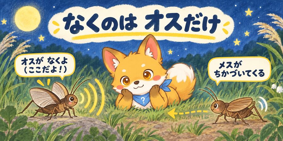 オスのコオロギの鳴き声にメスが集まるしくみの図解