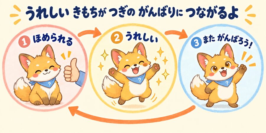 褒められた喜びが次の意欲につながる循環の図解