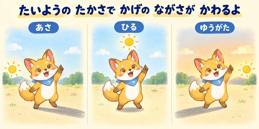 太陽の高さで影の長さが変わる図解